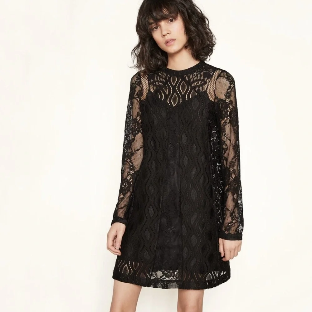 Maje ROSSA Black Lace Long Sleeve Romantic Goth Whimsigoth Mini Dress 2 - Picture 1 of 8